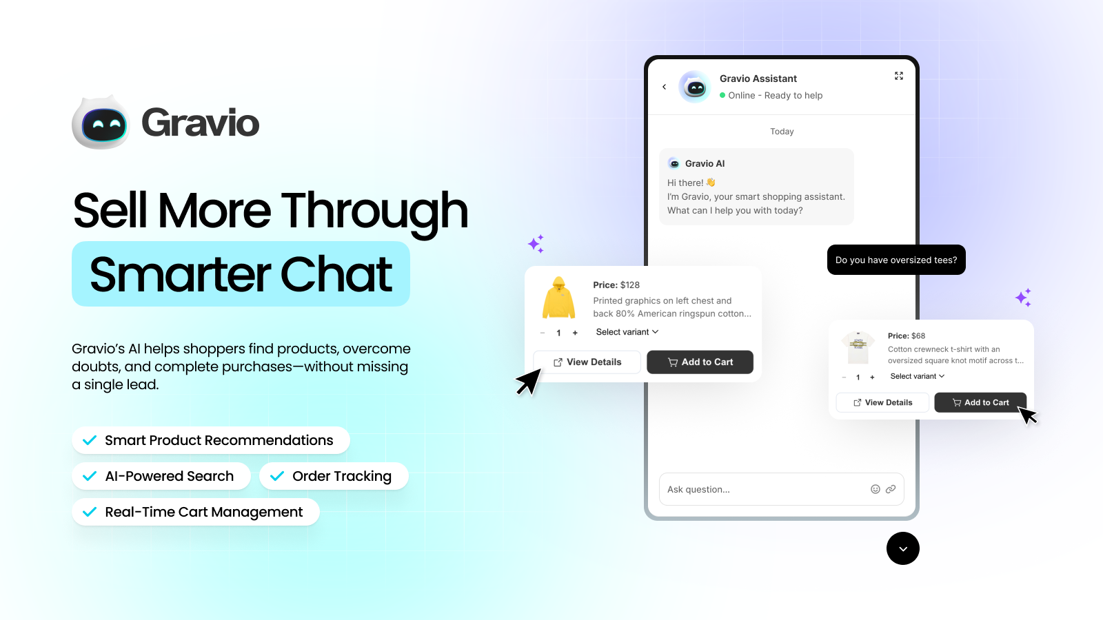 Smart chat interface showing product recommendations and cart management